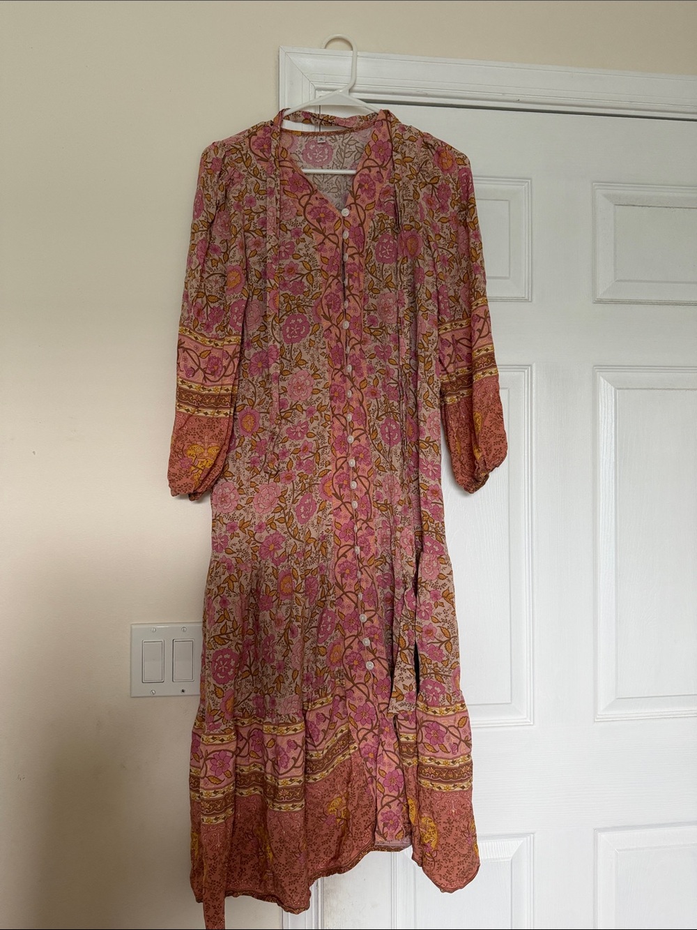 Boho Pink Floral Button-Front Women's Dress